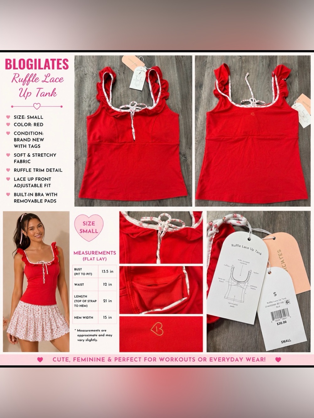 Blogilates Ruffle Lace Up Tank – NWT – Size Small – Red – MSRP $30